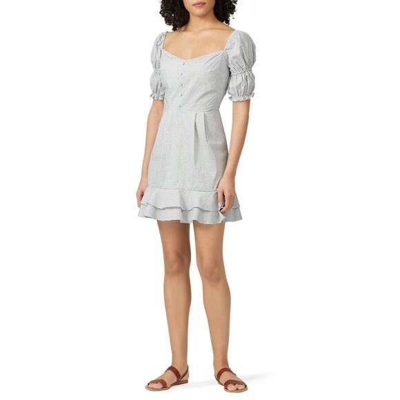 StyleStalker Kelly Mini Dress Women's Med White Blue Puff Sleeves Ruffle RTR - Picture 1 of 13